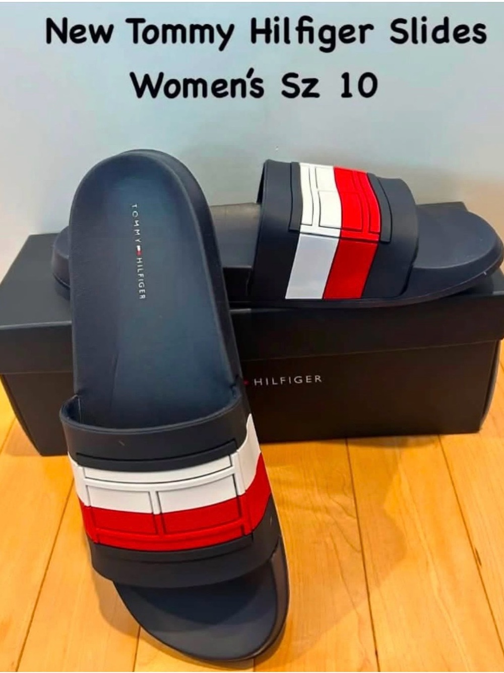 New Tommy Hilfiger Women’s Navy Slides with Red & White Stripes